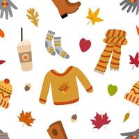 Cozy autumn warm things seamless pattern. Knitted orange sweater, comfy gray socks, warm scarf, comfy hat, fall leaves. Isolated on white background. Great for stickers, prints, textile, wrappers. vector