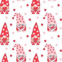 Cute Valentine day gnomes with hearts seamless pattern. Isolated on white background. 14 February themed print for design.
