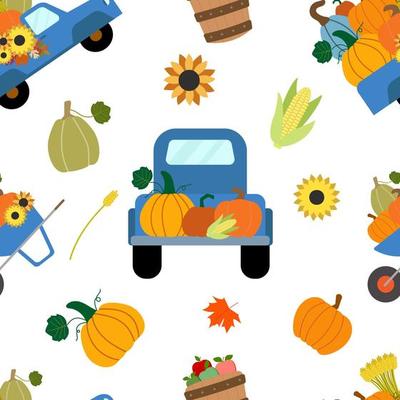 Vector seamless pattern. Fall harvest blue truck with orange, brown pumpkins, sunflowers, corn, apple basket, wheat spikelet. Repeated texture, wrapping paper. Isolated on white background.