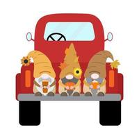 Cartoon harvest fall vector gnomes in red old truck with orange pumpkin, coffee cup, mug with cream, dry leaves. Isolated on white background.