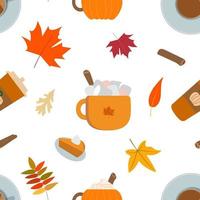 Vector fall flat pumpkin spice latte season seamless pattern. Coffee latte cup, cocoa mug with marshmallow, orange pumpkin mug, piece of pie, autumn leaves. Isolated on white background.