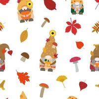 Cute fall vector seamless pattern gnomes in autumn colors with orange, yellow pumpkin, spice latte cup, coffee mug with cream and cinnamon, forest mushrooms, dry leaves. Isolated on white background.