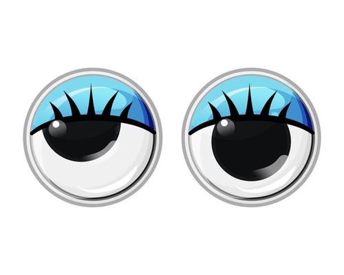 Toy plastic eyes with eyelashes and blue eyelids. Oblique eyes. Vector cartoon illustration on a white isolated background.