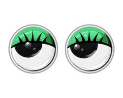 Toy plastic eyes with eyelashes and green eyelids. Vector cartoon illustration on a white isolated background.