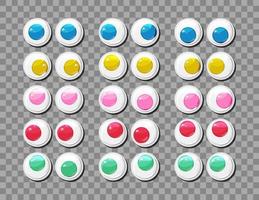 Multicolored funny plastic eyes for toys, puppet and dolls character. Round colorful eyeballs big vector set. Cartoon design craft and sewing design elements.