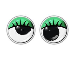 Toy plastic eyes with eyelashes and green eyelids. Vector cartoon illustration on a white isolated background.