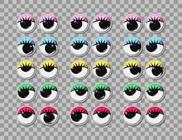 Funny plastic toy eyes with eyelashes and multicolored eyelids set. Animate. Vector cartoon illustration on an isolated white background.