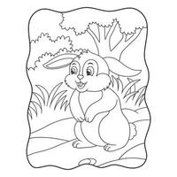 cartoon illustration The rabbit standing in the middle of the forest looks around for food book or page for kids black and white vector