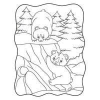 cartoon illustration The bear with his cub is playing under a cliff in the middle of the forest, the child is trying to climb the cliff above it book or page for kids black and white vector