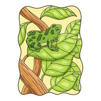cartoon illustration the frog is on a leaf of a leafy tree and high in the middle of the forest and looks up to catch its prey vector