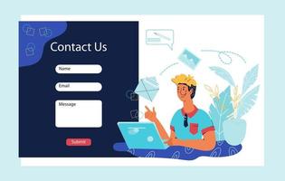 Contact us form for website and landing page template with clients service agent character. Business internet chatting and customers support application interface. Vector illustration isolated.