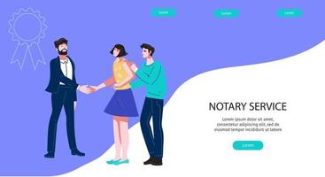 Banner or landing page template for public notary with people characters receive notarial advice and professional law consultation. Flat vector illustration.