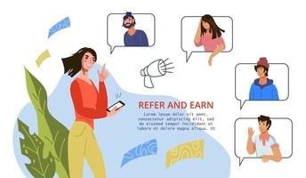 Refer and Earn advertising banner for business referral program with friends, people cartoon character sharing information about sale and discount. Refer a friend suggestion, flat vector illustration.