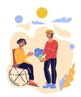 Woman and disabled man with prosthesis walking together. Handicapped people life without barriers, social rehabilitation and environment accessibility for invalids. Flat vector illustration isolated.