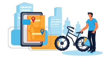 Bike sharing and bicycle rental concept with man character using ecological friendly vehicle for moving in city. Urban public transportation mobile application. Flat vector illustration isolated.