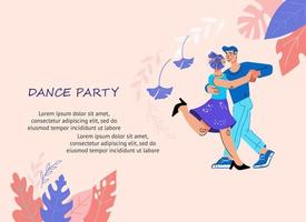 tarjeta de invitación de fiesta de baile o pancarta con pareja bailando, ilustración vectorial en estilo de dibujos animados plano de moda aislado. club de baile o plantilla de afiche de clases. vector