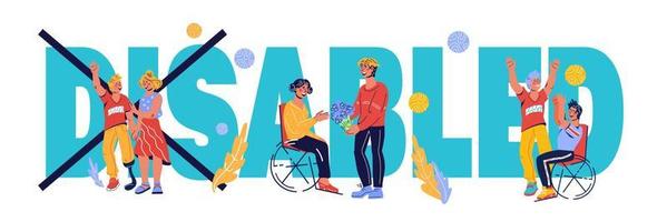 Banner for Disability Day with invalid persons living active life. Healthcare assistance and accessibility for people with reduced mobility and physical incapacity. Vector cartoon illustration.