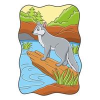 cartoon illustration the wolf is standing coolly on a fallen tree trunk by the river looking in the opposite direction vector
