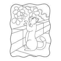 cartoon illustration The cat stands looking and touching the flower behind the high wall book or page for kids black and white vector