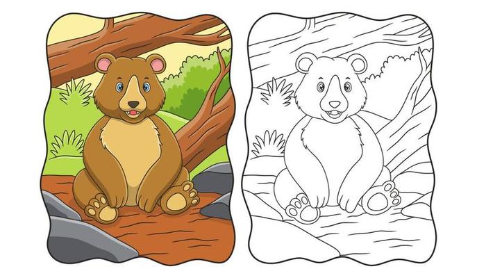cartoon illustration The bear is sitting under the trunk of a big fallen tree in the middle of the forest book or page for kids