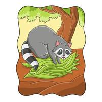 cartoon illustration The raccoon is gathering leaves from a big tree to make a nest for it to live in vector