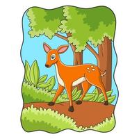 cartoon illustration deer walking during the day in the forest looking for food vector