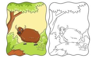 ilustración de dibujos animados una cabra camina en medio del prado debajo de un árbol en busca de un libro de comida o una página para niños vector