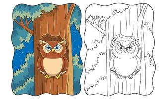 búho de ilustración de dibujos animados parado frente a su casa en un gran tronco de árbol en el libro nocturno o página para niños