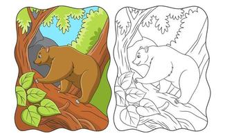 ilustración de dibujos animados un oso tratando de escalar un acantilado en busca de comida en un libro o página del acantilado para niños vector