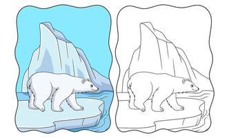caricatura, ilustración, oso polar, ambulante, en, cubos de hielo, en medio del mar, en busca de pescado, para, alimento, libro, o, página, para, niños