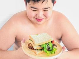 A boy is happily looking at sandwich. Photo is focused at sandwich.