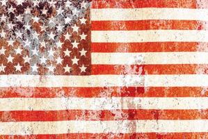 USA flag overlay on old rusty wall surface texture for background use photo