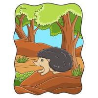 cartoon illustration a hedgehog walking in the forest alone looking for food vector