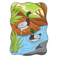 cartoon illustration the duck is walking by the river and swimming in the river vector