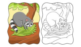 ilustración de dibujos animados el mapache está recogiendo hojas de un árbol grande para hacer un nido para que viva en un libro o página para niños vector