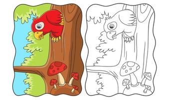 cartoon illustration the parrot that was inside his house that was inside the tree trunk and peeked out to see the food book or page for kids vector