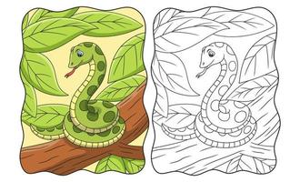 ilustración de dibujos animados una serpiente relajándose en un árbol grande y alto para ver a su presa desde arriba del libro o página para niños