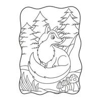 cartoon illustration The wolf is sitting relaxing in the middle of the forest and looking back as if someone is watching him book or page for kids black and white vector