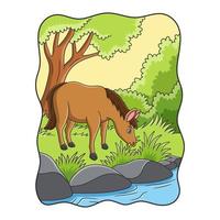 cartoon illustration a horse eating grass by the river under a big tree vector