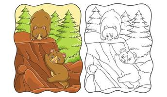 cartoon illustration The bear with his cub is playing under a cliff in the middle of the forest, the child is trying to climb the cliff above it book or page for kids vector