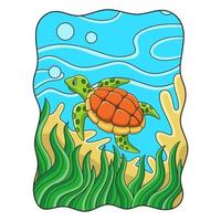 cartoon illustration turtles are swimming in the sea with some coral reefs and marine plants vector