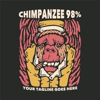 diseño de camiseta chimpancé 98 con chimpancé fumando con sombrero y fondo gris ilustración vintage vector