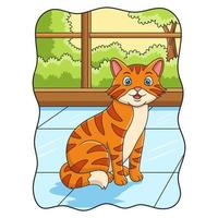 ilustración de dibujos animados el gato está parado detrás de la ventana de la casa para ver el paisaje detrás de la ventana