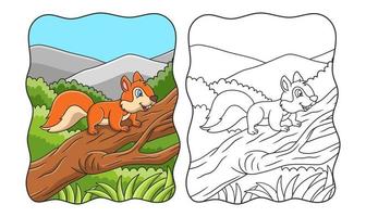 cartoon illustration a squirrel running towards food on a fallen tree trunk in the middle of the forest book or page for kids vector