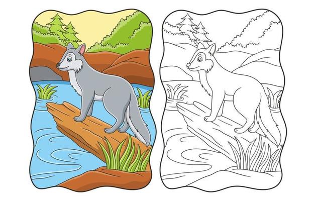 cartoon illustration the wolf is standing coolly on a fallen tree trunk by the river looking in the opposite direction book or page for kids