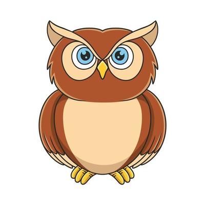 cartoon illustration owl standing in front of his house on a big tree trunk at night