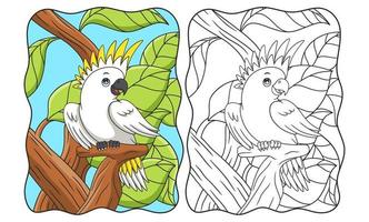 cartoon illustration white parrot is perched coolly on one of the tree trunks and showing its beauty to attract females book or page for kids vector