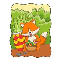 cartoon illustration a fox holding a container of colorful eggs behind a bush in the forest