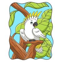 cartoon illustration white parrot is perched coolly on one of the tree trunks and showing its beauty to attract females