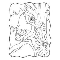 cartoon illustration side view of an owl perched on a large rock under a thick forest tree at noon book or page for kids black and white vector